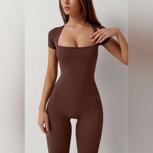 2 Flare Jumpsuits Short Sleeve Square Neck Bodycon Full Length Playsuit - Picture 3 of 9